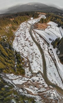 Val Visdende is a Dolomite Valley. Aerial view in winter season, Italy.