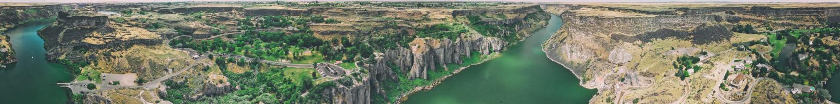 Aerial view of Shoshone Falls in summer season from drone viewpoint, Idaho, USA.