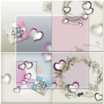 Beautiful Love collage in pastel colours. Set of elegant design with hearts, floral wreath, gift box on pastel vintage background. 3D illustration
