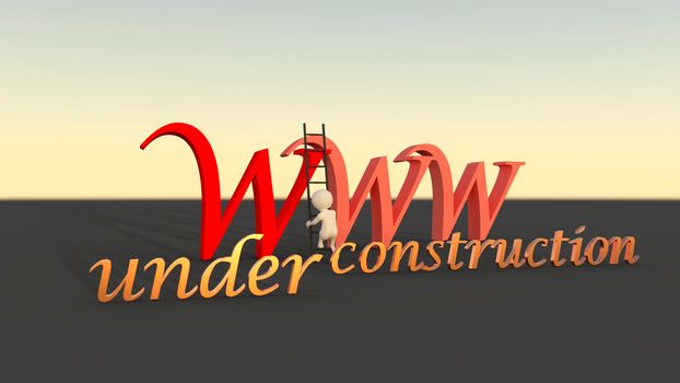 3d man is climbing stairs in front of www letters. Under construction 3d text - 3d rendering