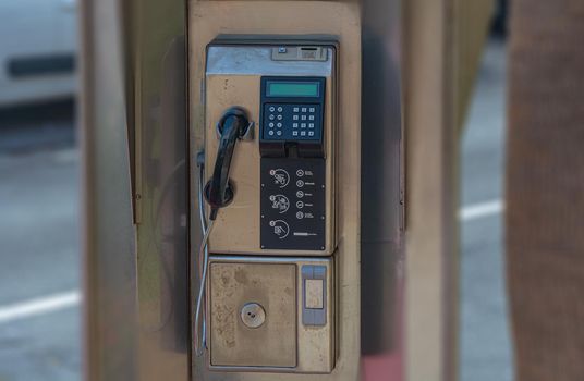 Blanes, Spain - 09/19/2016: City payphone for local, long distance and international calls, stock image