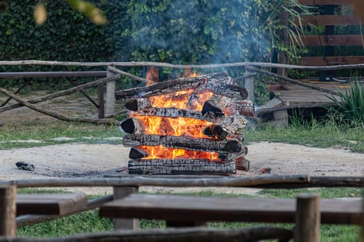 Fire. The burned wood formed coals and a strong heat. Stock photo.
