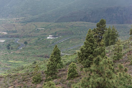 Mountain landscape. A winding road in a mountainous area. Stock photo