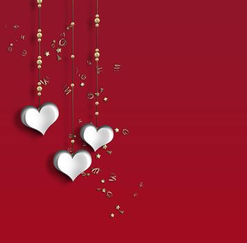 Happy St Valentines Day concept. Paper hanging hearts, gold confetti on red background. 3D illustration.
