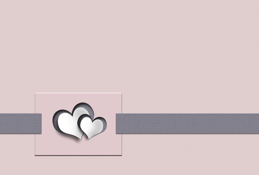 Elegant minimalist love card, pastel pink background. Two hearts on gift tag. 3D illustration