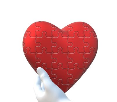 Hand holding heart. Symbol of help, donation, Valentines card in puzzle. 3D rendering