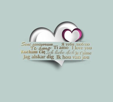 I love you in multiple languages, hearts in paper strip on pastel green background. Valentines, birthday design. 3D render