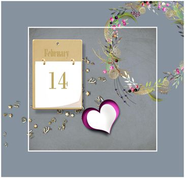 Elegant love hearts collage in pastel grey colour. Valentines card with 14 February calendar, wreath, hearts in elegant style. 3D illustration