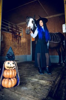 A girl dressed as a witch happily hugs a horse in a corral, in the foreground an evil figure of pumpkins