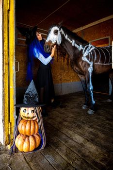 A girl dressed as a witch looks at a horse on which a skeleton is painted in white paint, in the foreground is an evil figurine of pumpkins