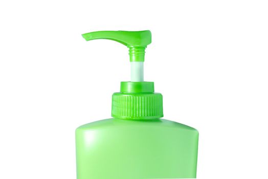 Bottle of green cream pump head. Product Packaging.