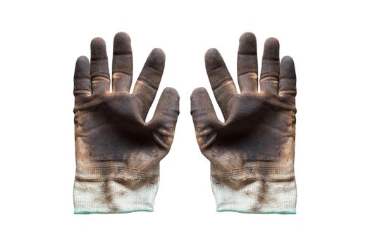 Glove with oil stain on isolated background. Used gloves are dirty.