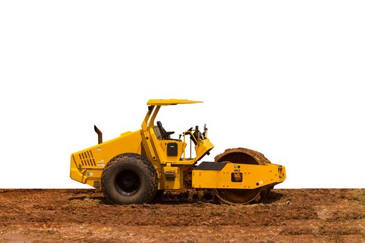 Big yellow road single drum roller compactor machine isolated on white background. Construction and renovation concept.