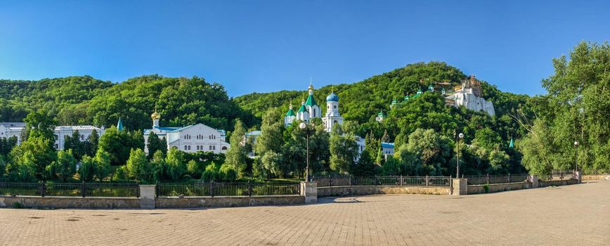 Svyatogorsk, Ukraine 07.16.2020.  Embankment near the Seversky Donets River opposite the Svyatogorsk Lavra on a sunny summer morning