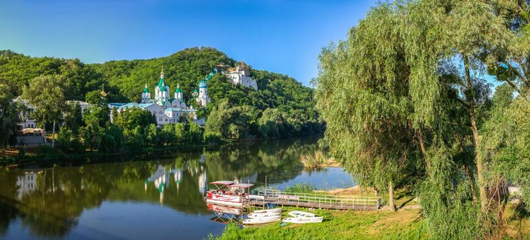 Svyatogorsk, Ukraine 07.16.2020.  Panoramic view of the Holy Mountains Lavra of the Holy Dormition in Svyatogorsk or Sviatohirsk, Ukraine, on a sunny summer morning