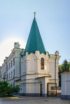 Svyatogorsk, Ukraine 07.16.2020.  Tower of the monastery fence on the Svyatogorsk Lavra  in Ukraine, on a sunny summer morning