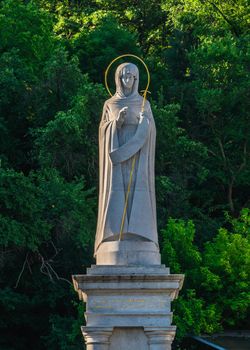 Svyatogorsk, Ukraine 07.16.2020.  Monument to the Holy Mother of God near the Svyatogorsk or Sviatohirsk lavra on a sunny summer morning