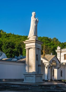 Svyatogorsk, Ukraine 07.16.2020.  Monument to the Holy Mother of God near the Svyatogorsk or Sviatohirsk lavra on a sunny summer morning