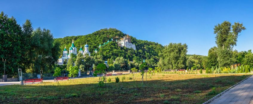 Svyatogorsk, Ukraine 07.16.2020.  Embankment near the Seversky Donets River opposite the Svyatogorsk Lavra on a sunny summer morning