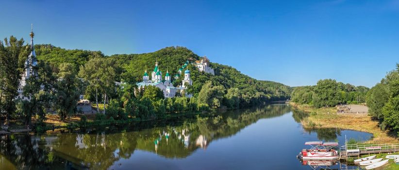 Svyatogorsk, Ukraine 07.16.2020.  Seversky Donets River near the Svyatogorsk or Sviatohirsk lavra on a sunny summer morning