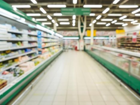 Blurred supermarket aisle with colorful refregirator shelves of merchandise. Perspective view of abstract supermarket aisle with copy space in center, can use as background or retail concept