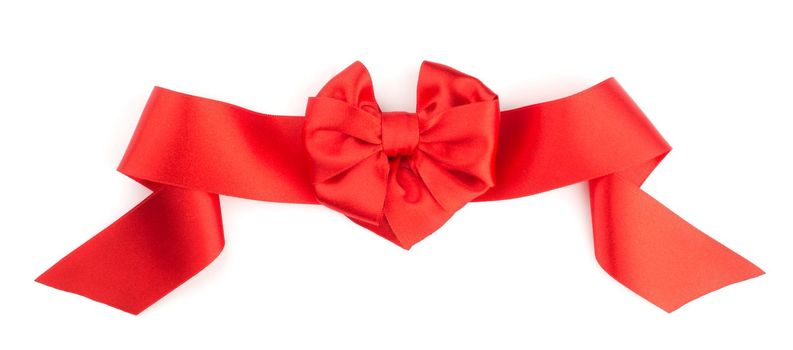 Red heart shape silk satin ribbon bow isolated in white background, love Valentine day concept