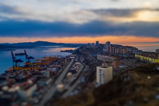 Vladivostok, Russia. Landscape with a view of the commercial port. tilt shift
