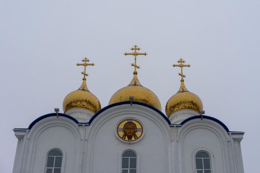 Church of the Life-Giving Trinity in the city of Petropavlovsk-Kamchatsky on the background of a winter landscape