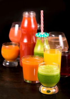 Various freshly squeezed fruits and vegetables juices