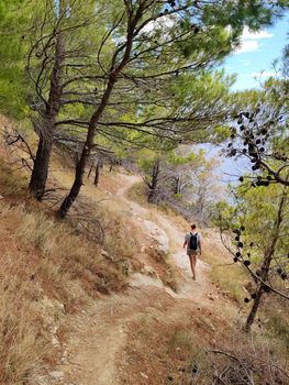 Young active feamle tourist wearing small backpack walking on coastal path among pine trees looking for remote cove to swim alone in peace on seaside in Croatia. Travel and adventure concept.