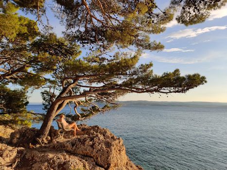 Pensive woman on vacations, sitting and relaxing under large pine tree on bench by dip blue sea enjoying beautiful sunset light in Brela, Makarska region, Dalmatia, Croatia.