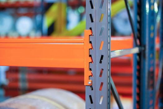 Metal joints of warehouse shelves.