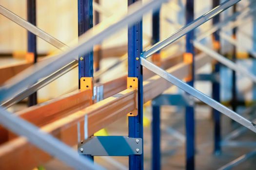 Metal joints of warehouse shelves.