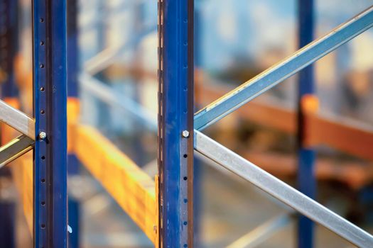 Metal joints of warehouse shelves.