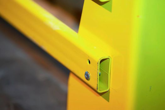 Metal joints of warehouse shelves.