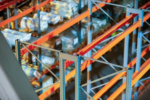 Metal joints of warehouse shelves.