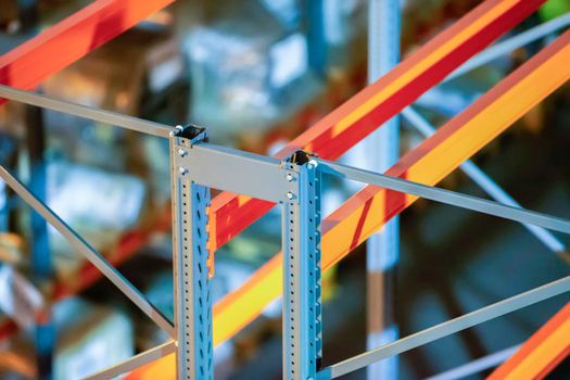 Metal joints of warehouse shelves.