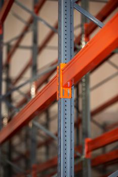 Metal joints of warehouse shelves.
