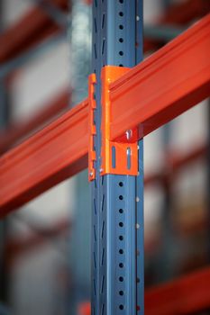 Metal joints of warehouse shelves.