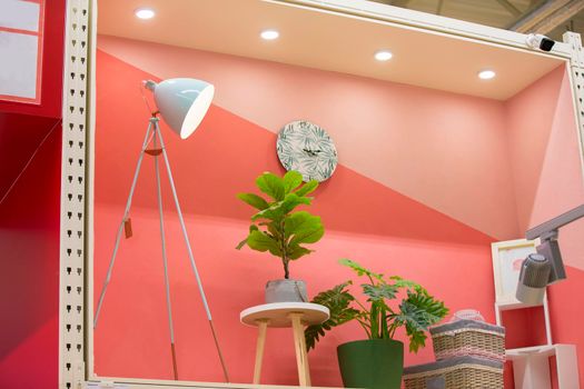 Interior of a room in a shop window. Table lamp with plants and baskets on the background of a pink wall. Apartment furnishing concept.