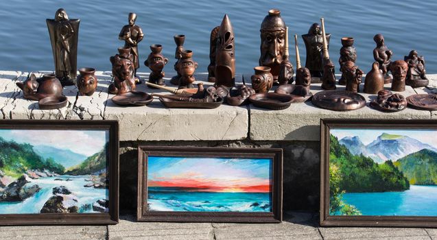 Sukhumi, Abkhazia - March 26, 2014: Exhibition and sale of paintings and Souvenirs on the waterfront of the city.