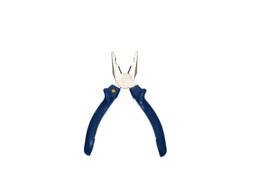 Combination pliers with blue grasp on a white background