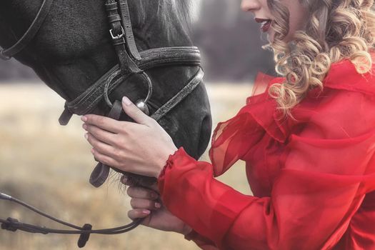 love for animals. young Woman with no face dressed in an elegant vintage dress, gently cuddling a horse, stroking his head.