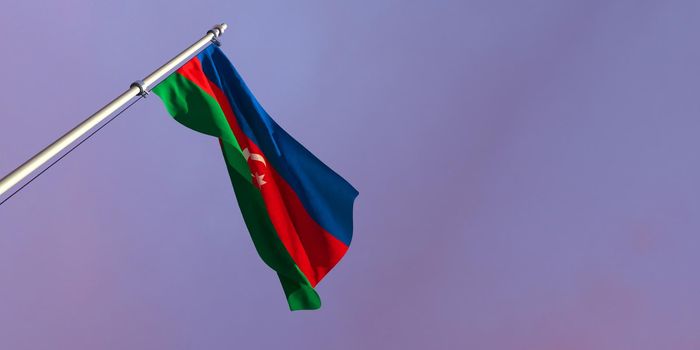 3d rendering of the national flag of the Azerbaijan in the evening at sunset against a background of beautiful clouds