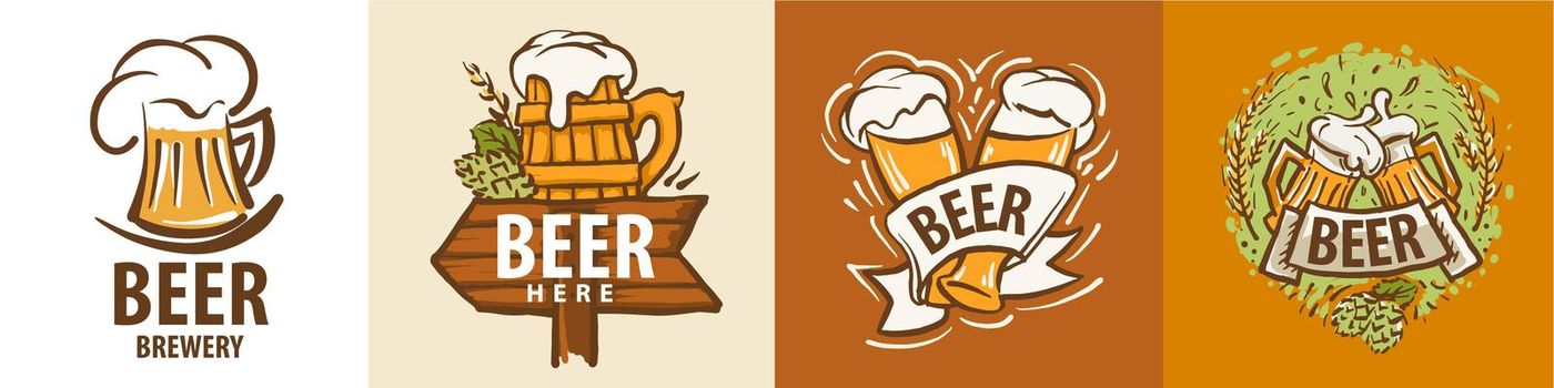 Vector set of beer mug logos on different backgrounds.