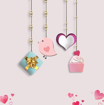 Valentine's card. Hanging heart, gift box, cup cake on pink background. 3D illustration