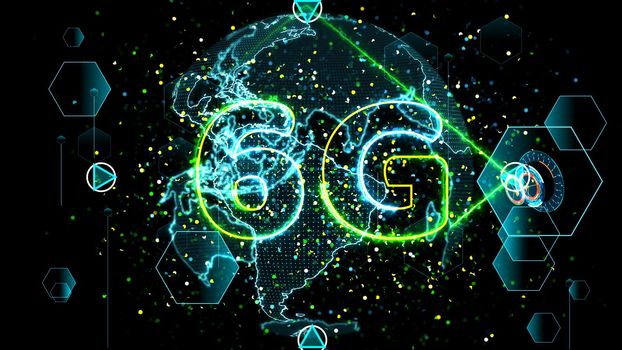 6G network super speed Internet digital world map in monitor digital meter cycle radar 3D electronic meter inside sent data by quantum satellite send signal star brust background