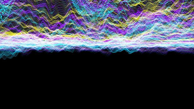 Futuristic abstract blur purple blue yellow waveform ball oscillation upside down, visualization wave technology digital surface with particles stars