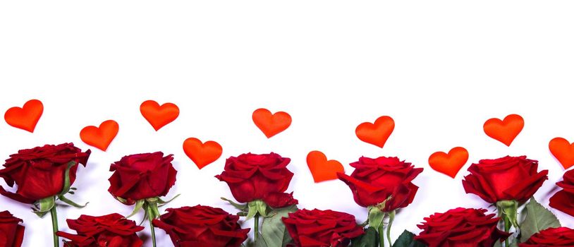 Red roses and hearts border frame isolated on white background, Valentine's Day