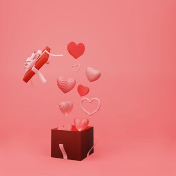 Beautiful heart sharp float from open gift box with ribbon on red background with copy space 3d render. Happy valentine day and congratulation concept style.
